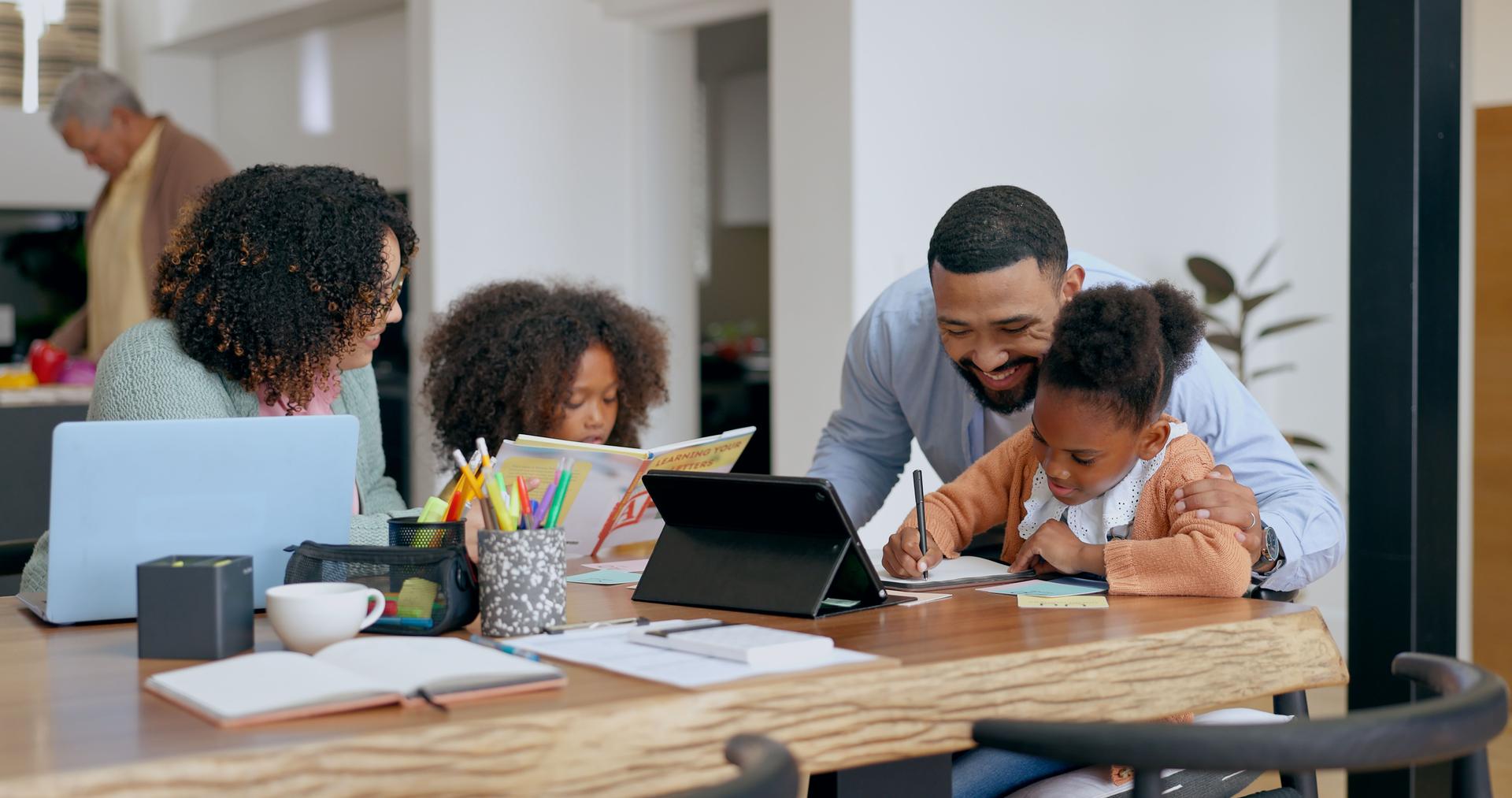 Boy, girl and laptop in home for online education, virtual classroom and homeschool for learning knowledge. Children, internet and writing in house for growth, development and website for elearning.
