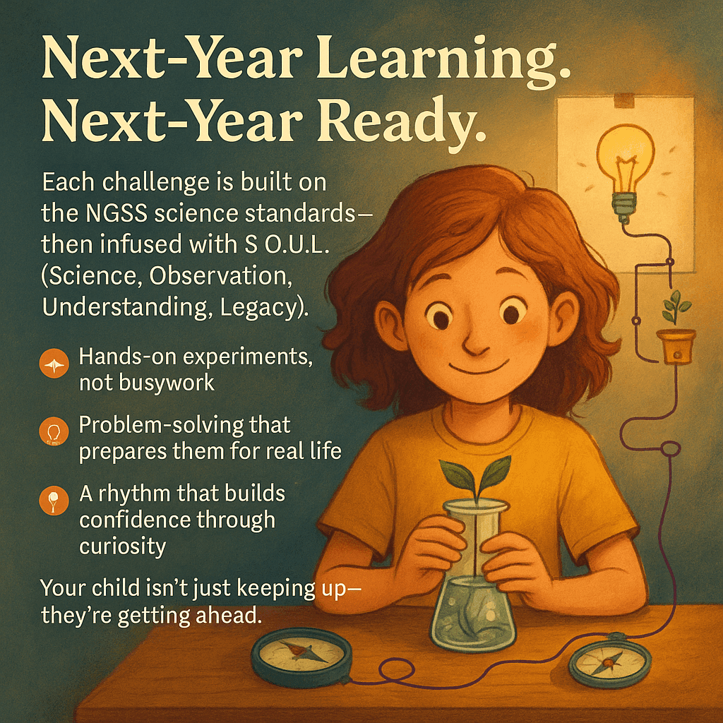Illustration of a child conducting science experiments with text about next-year learning readiness.