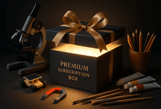 Illuminated premium subscription box with microscope, art supplies, and educational items in soft lighting.