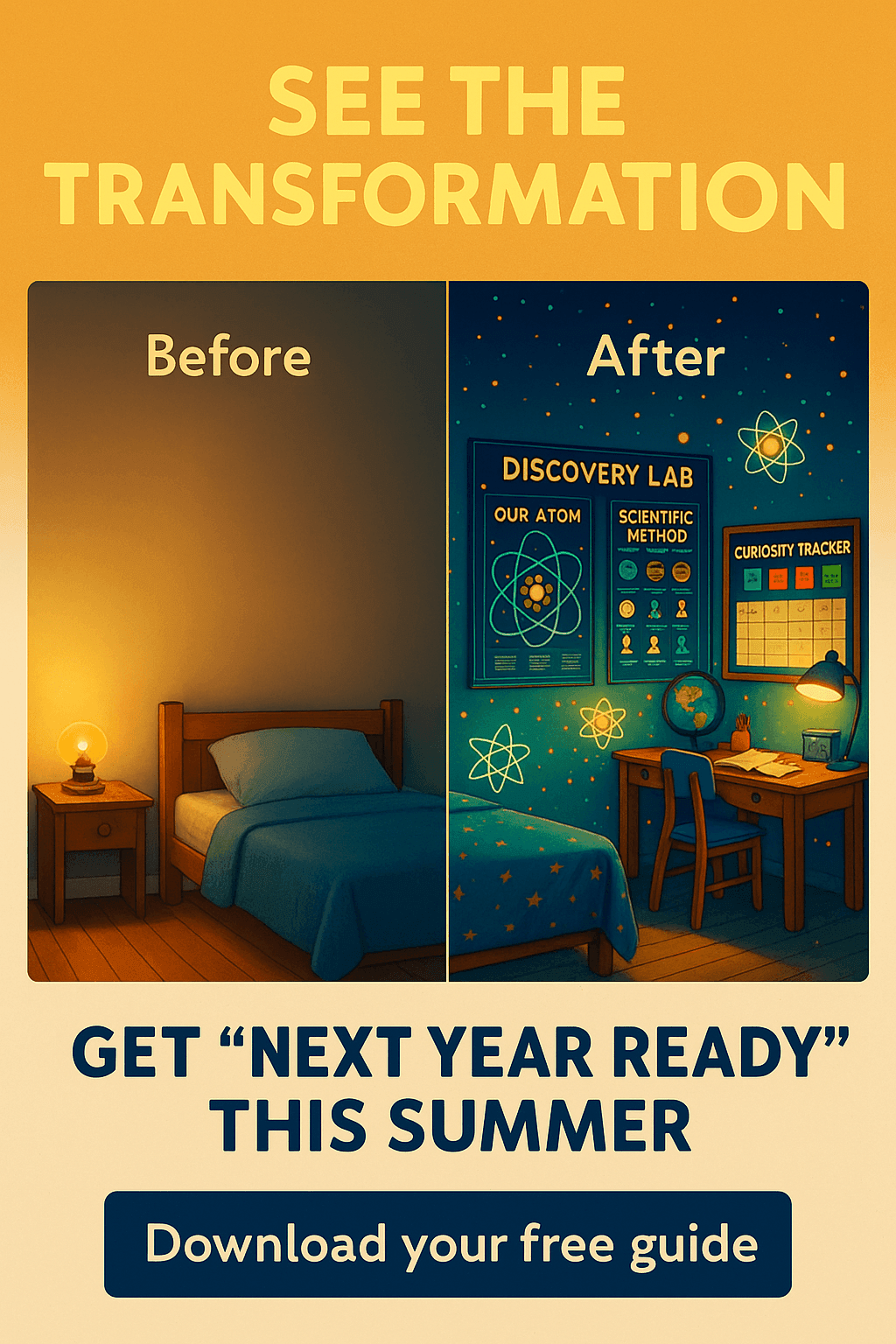 Before and After bedroom transformation with a science-themed room makeover, promoting a free guide download.